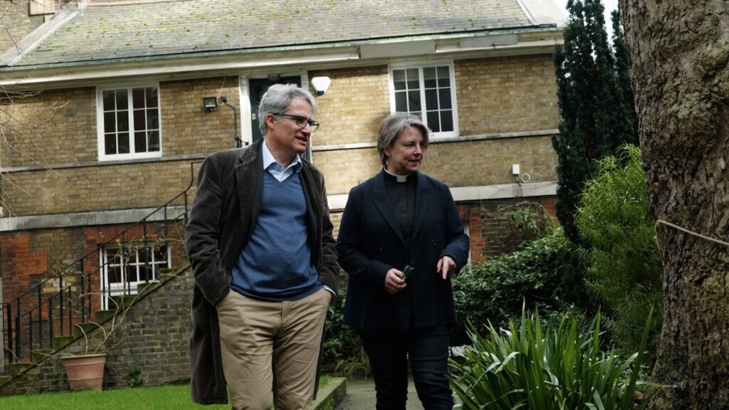 Robert Myers and Rev Lucy Winkett in the St James's church garden (c) Matt Greenwell